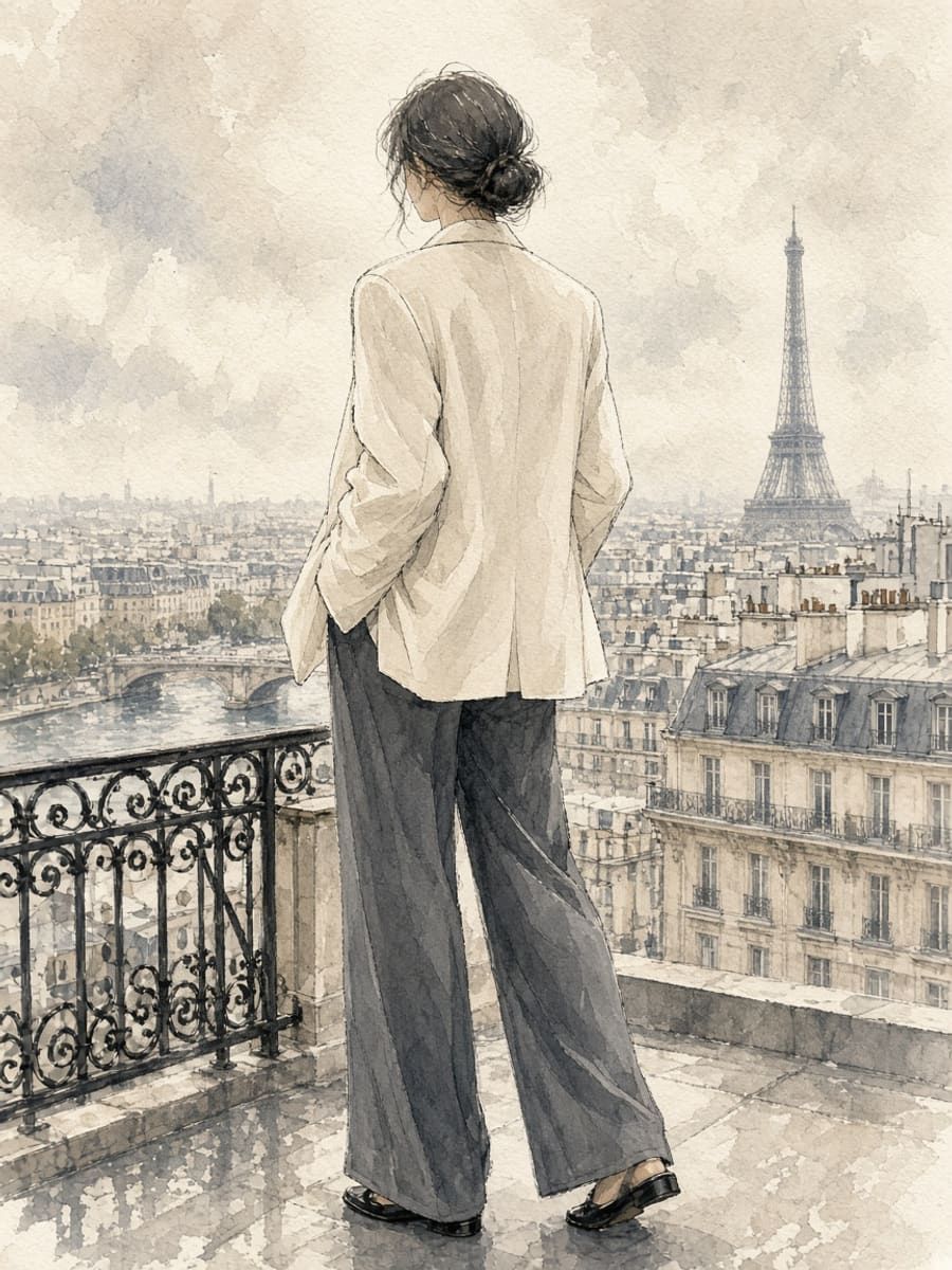 Paris ease outfit formula illustration — soft blazer fluid pant French styling