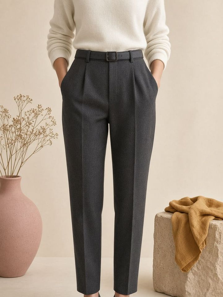 Illustration: high waist, tapered length, clean vertical column