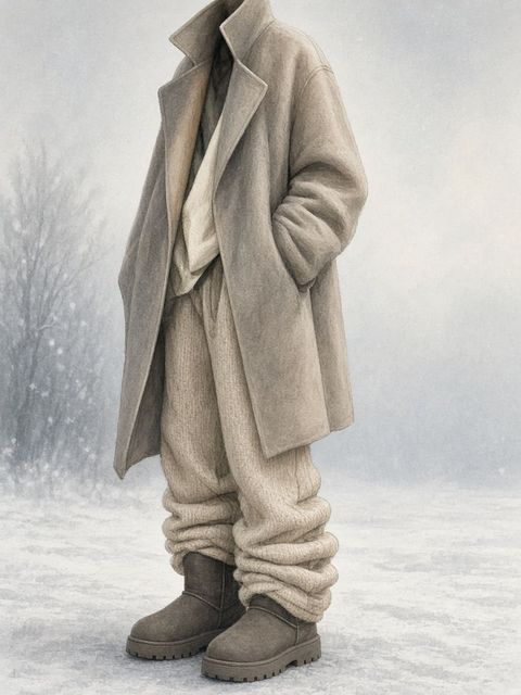 Winter quiet stack outfit formula illustration — tone-on-tone coat knit pant layers